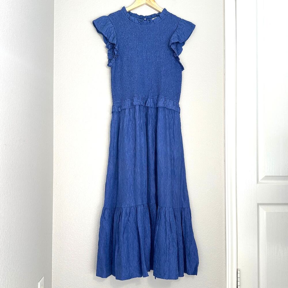 Sea New York‎ Blue Siya Dress, Silk, Smocked Midi Tiered, Spring, Resort, XL - Picture 3 of 13